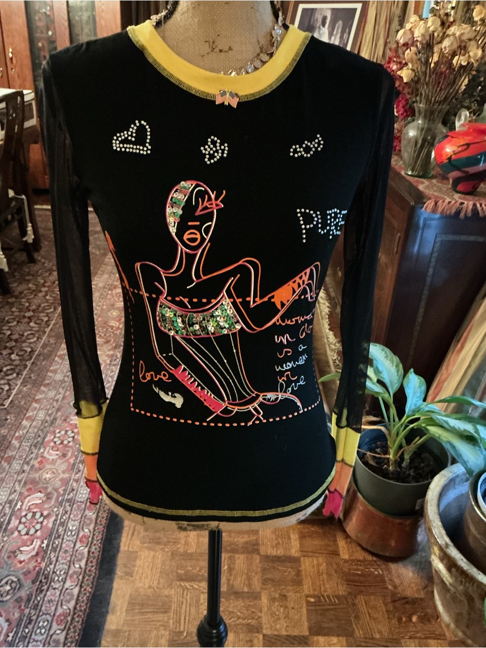 Women's Black Long-Sleeve Graphic Tee with Neon Accents